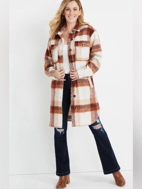 Maurices Plaid Shacket Coat in Cream and Brown